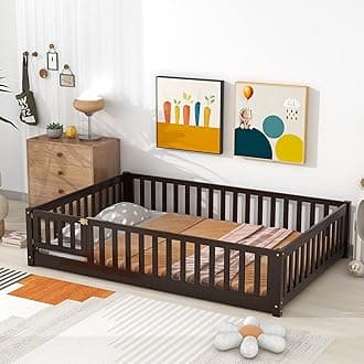 Bellemave Full Size Floor Bed with Door and Fence for Kids, Montessori Floor Bed with Slats and Safety Guardrails,Solid Wood Full Bed Frame for Girls Boys(Full,Espresso)