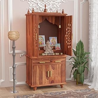 G Fine Furniture 5.8 Feet Long Wooden Temple for Home | Big Pooja Mandir, Puja Ghar with 2 Drawer Storage, 4 Door Cabinet & Dhoop Batti Slider Stand | Solid Wood Sheesham, Honey Finish