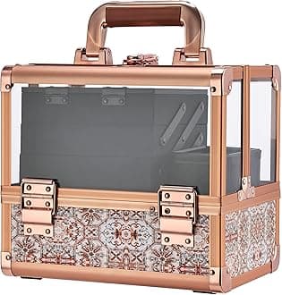 Joligrace Makeup Box Cosmetic Train Case with Clear Acrylic Shell Jewelry Organizer with 3 Tiers Trays, Mirror and Brush Holder Lockable Portable Travel Cosmetic Display Case Boho Rose Gold