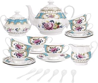 fanquare 15 Piece Turquoise British Porcelain Tea Set, Vintage Rose Flower Ceramic Coffee Set, Wedding Table Service for Adults