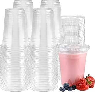 100-Pack Disposable Hard Plastic Cups With Flat Lids - 16 oz Crystal Clear Drink Cups - Hole for Straws - Ideal for Water Fountains, Parties, Festivals, Kiosk, On the Go
