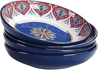 Bico Burgundy Festival Ceramic 35oz Dinner Bowls, Set of 4, for Pasta, Salad, Cereal, Soup & Microwave & Dishwasher Safe