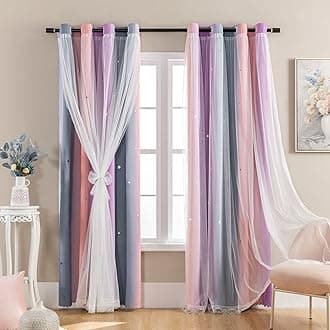 XiDi Dream Star Blackout Curtains for Kids Rooms Girl Princess Curtain for Daughter Bedroom Window (Grey Pink Purple, W34 X L72)