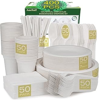 400pcs Eco-Friendly Disposable Paper Plates Bulk and Cups Napkins Cutlery Sets Non-Plastic Biodegradable Compostable Dinnerware for Dessert Dinner Birthday Party (50 Guest)