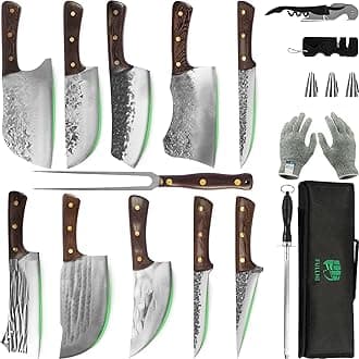 FULLHI 17pcs Portable Butcher Knife Set with Meat Fork Kitchen Knife Set with Bag High Carbon Steel Chef's Knife Fish Knife For Kitchen, Camping, BBQ