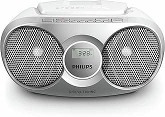 Philips Portable CD Player Boombox, Stereo Dynamic Bass Boost Speakers, Lightweight FM Radio CD Player with LCD Display, USB Playback, Aux Line-in, Boombox CD Player Silver