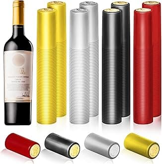 MotBach 240 Pcs Wine Heat Shrink Caps,Wine Sealer PVC Heat Shrink Capsules Wine Bottle Shrink Caps Wine Bottle Tops for Wine Cellars and Home Use (Black, Red, Gold, Silver)