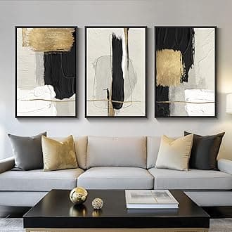 Large Framed Black and White Abstract Wall Art, 3 Piece Modern Canvas Prints Paintings Artwork for Walls, Minimalist Black Beige Gold Pictures for LIving Room Bedroom Office Wall Decor Total 30x60 In