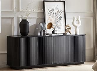 LKTART 64" Sideboard Buffet Cabinet with Storage, Wooden Fluted Storage Cabinet Sideboard Credenza with Adjustable Shelves Pressed Spring for Kitchen Living Room (Black)