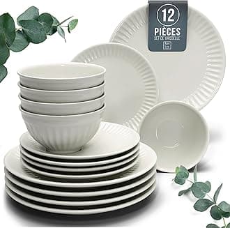 12-Piece Dinnerware Set - Bowl and Plate Set - Stoneware Dining Set for 4 People - Dishwasher and Microwave Safe - Grooved Dining Service in Beige