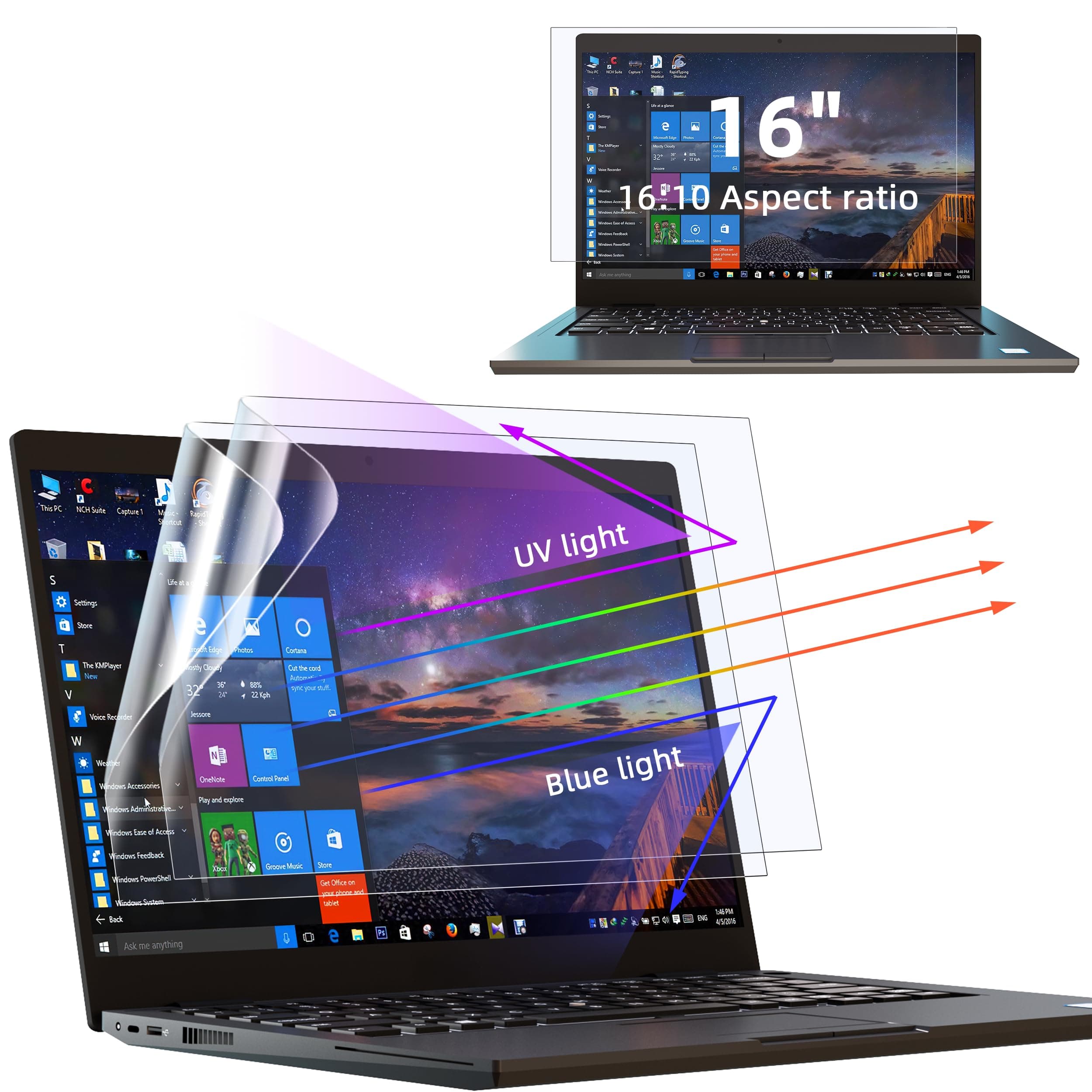 Protescreen 2 Pack 16 Inch Anti Blue Light Screen Protector, Anti-glare Screen Protector for Lenovo Hp Dell Acer Asus Samsung, 16 Laptop 16:10 Aspect Universal Blue Light Blocking Eye Protection Film