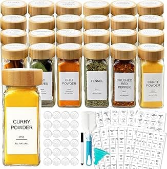 AISIPRIN Glass Spice Jars with 398 Labels, 24 pcs 4oz Spice Containers with Bamboo Lids, Square Spice Bottles With Shaker Lids,Spice Organization for Cabinet,Drawer,Rack,Seasoning Organizer