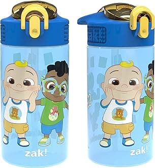 Zak Designs CoComelon Kids Water Bottle with Spout Cover and Built-In Carrying Loop, Durable Plastic, Leak-Proof Water Bottle Design for Travel (16 oz, 2-Pack, Non-BPA)