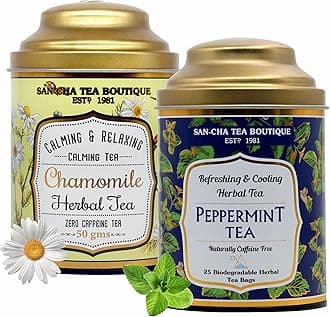 Sancha Tea Boutique, Chamomile Flower (50g) & Peppermint Herbal Teas (25 Pyramid Bags), Caffeine Free Herbal Tisanes, Refreshing & Calming Drinks