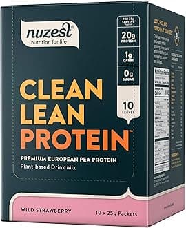 NuzestPea Protein Powder - Clean Lean Protein, Premium Vegan Plant Based Protein Powder, Dairy Free, Gluten Free, GMO Free, Protein Shake, Wild Strawberry, 0.9 oz, (Pack of 10)