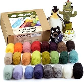 Woolbuddy Wool Roving Kit – 24 Assorted Corriedale Colors with Felting Guide – Premium Corriedale Wool for Needle & Wet Felting, Holiday Crafts & Handmade Gifts – Natural Eco Wool Refill Set