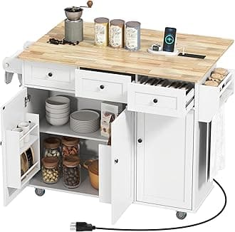 HOMCOM Rolling Kitchen Island with Power Outlet and Drop Leaf, 53" Island Table with Wood Top, 3 Drawers, Adjustable Shelf, Spice & Towel Rack, Kitchen Cart on Wheels, White