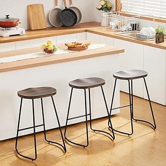 HeuGah Bar Stools Set of 3, Counter Height Saddle Seat Wood Bar Stools, 26" Backless Barstool for Kitchen Island, Brown Bar Chairs Easy to Assemble (Brown, 3 PCS 26Inch Counter Stools)