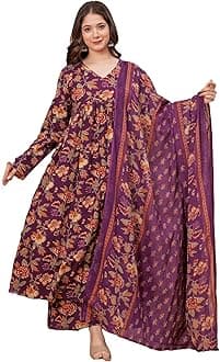 Women's Cotton Blend V-Neck Plus Size Anarkali Printed Kurta with Palazzo & Dupatta
