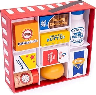 Baker's Mart Ingredient Set | Wooden Play Food Baking Groceries | Includes Baking Soda, Chocolate, Milk, Sugar, Vanilla, Flour, Sprinkles, Butter and Egg | Pretend Play Food Kitchen Accessories