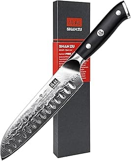 SHAN ZU Chef Knife, Kitchen Knife Santoku Chef's Knife 7 Inch Multifunction Kitchen Knives Damascus Stainless Steel & Ergonomic Fiberglass G10 Handle Best Sharp High-Carbon Knives