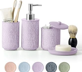 Premium Lavender Purple Bathroom Accessories Set. Purple Bathroom Set. Purple Bathroom Decor. Accesorios para Baños. New Apartment Essentials. Purple Toothbrush Holder and Soap Dispenser.