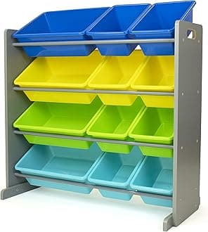 Kids Toy Storage Organizer with 12 Plastic Bins, Grey/Blue/Green/Yellow – Removable Bins for Playroom, Bedroom, Toddler Furniture for Boys and Girls Ages