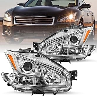 Halogen Headlight Assembly Replacement for 2009-2014 Nissan Maxima 4-Door Sedan Headlamp Driver and Passenger Side (Chrome Housing with Amber Reflector) – Not for HID