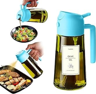 TrendPlain 470ml Olive Oil Spray Bottle - 2 in 1 Olive Oil Dispenser Bottle for Kitchen Accessories - Kitchen Gadgets, For Air Fryer - with Stickers, Light Blockage - Sky Blue