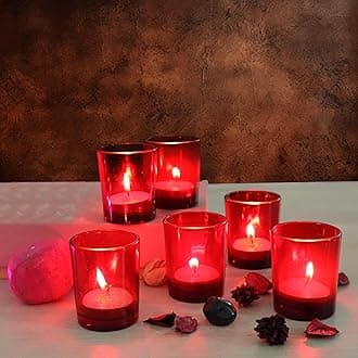 Set of 6 Glass Votive Tealight Candle Holders - Living Room Side Table Home Decoration (Glass, Pack of 6, Red)