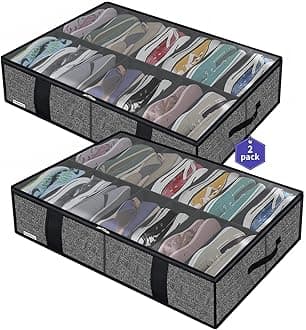 Onlyeasy 2 Pack Under Bed Shoe Storage Organizers with Handles & Clear window (Fit 14 +14 Pairs), Sturdy Underbed Box Organizer Shoe Storage Bags for Kids & Adults, Linen-like Black, MXAUBS14S14