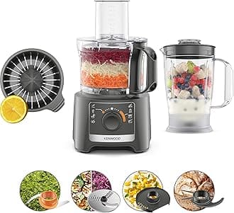 KENWOOD Food Processor 800W Multi-Functional with Blender, Citrus Juicer, Reversible Slicing/Grating Disk, Emulsifying Disk for Whisking, Dough Maker, Knife Blade FDP31.270GY Grey