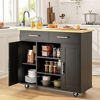 SUNLEI Kitchen Island on Wheels with Storage Cabinet & Drawer, 40" Kitchen Cart Cabinet with Shelves, Cart Handle for Towel Rack or Free Mobility, Portable Islands for Kitchen(Black)