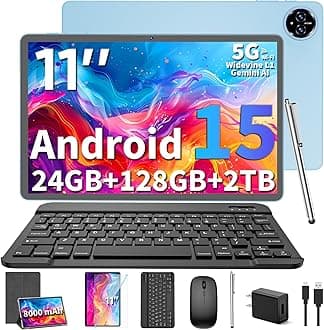 2026 Upgraded Android 15 Tablet, 11 inch Tablets with Keyboard, 24GB+128GB+2TB Expand, Octa-Core, 8000mAh, Gemini AI, 5G/2.4G WiFi, BT5.0, GMS, GPS, 2 in 1 Tablets with Case, Mouse, Stylus(Silver)