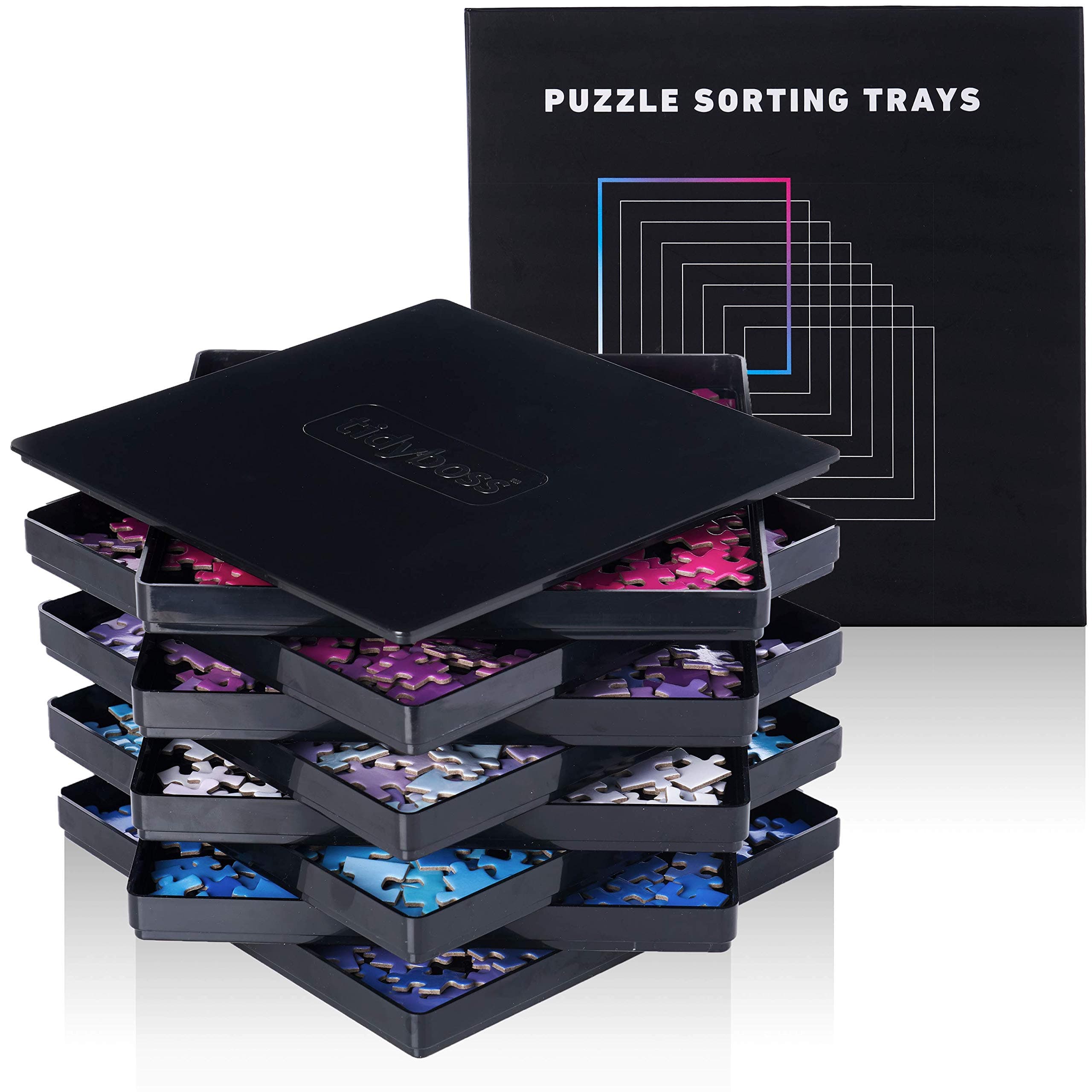 8 Black Puzzle Sorting Trays with Lid 10" x 10" | Puzzle Organizers and Storage | for Puzzles Up to 2000 Pieces