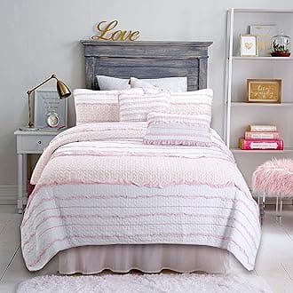Pretty in Pink Girly Ruffle Stripped 100% Cotton Reversible Quilt Bedding Set, Coverlet, Bedspread (Pink Princess, Twin - 2 Piece: 1 Quilt + 1 Sham)