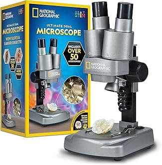 NATIONAL GEOGRAPHIC Dual LED Student Microscope – 50+ pc Science Kit Includes Set of 10 Prepared Biological & 10 Blank Slides, Lab Shrimp Experiment, 10x-25x Optical Glass Lenses and more! (Silver)