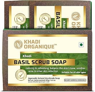 Khadi Organique Natural Herbal Basil Scrub Soap | Pack of 3 (125g Each) | Gently Cleanses Dirt, Exfoliates Dead Skin Cells & Refreshes Skin | Daily Bath Essential