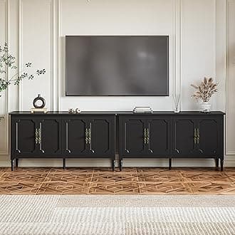 RoyalCraft Buffet Sideboard Table 2 pcs, 59'' Mid Century Modern Console Table, Media Cabinet with 4 Doors, Accent Cabinet Wood Sideboard, for Entryway, Living Room, Dining Room, Satin Black