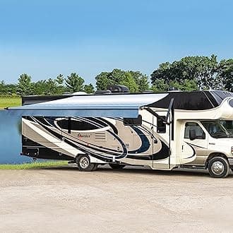 Awnlux Black Motorized Modular Retractable RV Awning Full Set Assemblies for RV, 5th Wheel, Travel Trailers, Toy Haulers, and Motorhome - RV Trailer Awning for Home or Camper - 10x8 Ft - Blue Strip