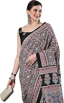 Women's Ajrak Block Print Dola Silk Saree With Unstitched Blouse Piece