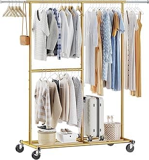 Raybee Heavy Duty Clothes Rack Load 450LBS, Metal Garment Rack, Clothing Racks for Hanging Clothes with Wheels, Rolling Commercial Portable Rack, Gold