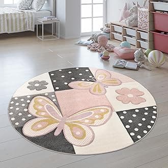 Children Room Rug Pastel Colours Butterflies Check Pattern Spots Flowers Colourful, Size: 5'3" Round