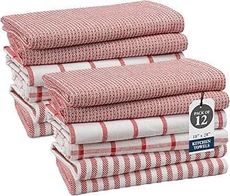 LANE LINEN Kitchen Towels Set of 12-100% Cotton, Quick-Drying 18” x 28” Absorbent Dish & Tea Towels, Premium Hand Towels for Drying Dishes - Christmas Red