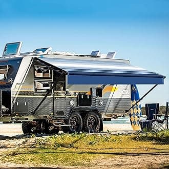 YESCAMP Manual RV Awning Complete Kit Retractable Camper Awning for RV or Trailers RV Roll Out Awning for Camper or 5th Wheel,Travel Trailers,Toy Haulers,Motohome(10Ft,Black Frame,Blue Stripe)
