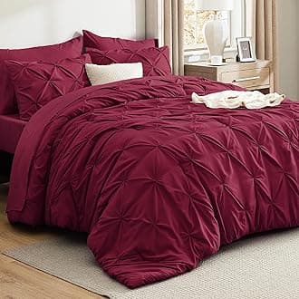 Full Comforter Set Dark Red - Bed in a Bag Full Size Bedding Set 7 Pieces, GentleSoft™ Pintuck Bed Set Gift for Family, Pinch Pleat All Season Comforter with Sheets, Pillowcases & Shams