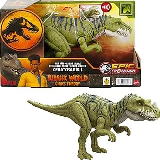 Mattel Jurassic World Wild Roar Dinosaur Action Figure, Ceratosaurus with Continuing Snapping Chomp Attack & Roar Sound, Posable Toy with Digital Play