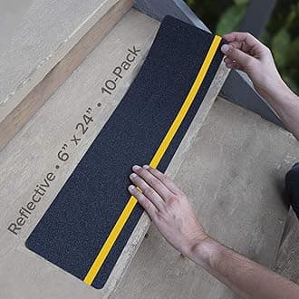 LifeGrip Anti Slip Traction Treads with Reflective Stripe (10-Pack), 6" X 24", Best Grip Tape Grit Non Slip, Outdoor Non Skid Tape, High Traction Friction Abrasive Adhesive for Stairs Step, Black