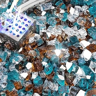 NUPICK 20 Pound Fire Glass, 1/2 Inch Reflective Fire Pit Glass, Tempered Firepit Glass Rock for Propane or Natural Gas, Glass Rocks for Fire Pit Table or Fireplace, Aqua Blue & Copper & Platinum Mix