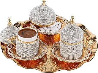 DEMMEX Turkish Greek Arabic Coffee Serving Set with Cups, Saucers, Cup Holders, Lids, Sugar Bowl & Lid and Tray, Hand Decorated with Crystals, Gold, 11 Pcs (Crystal)